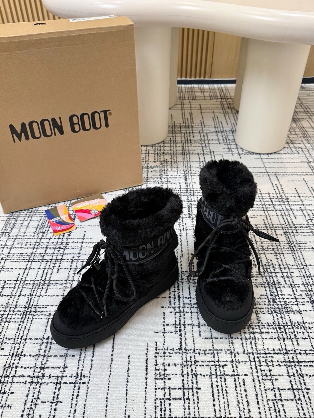 Moon Boot Black Faux-Fur Lace-Up Ankle Boots